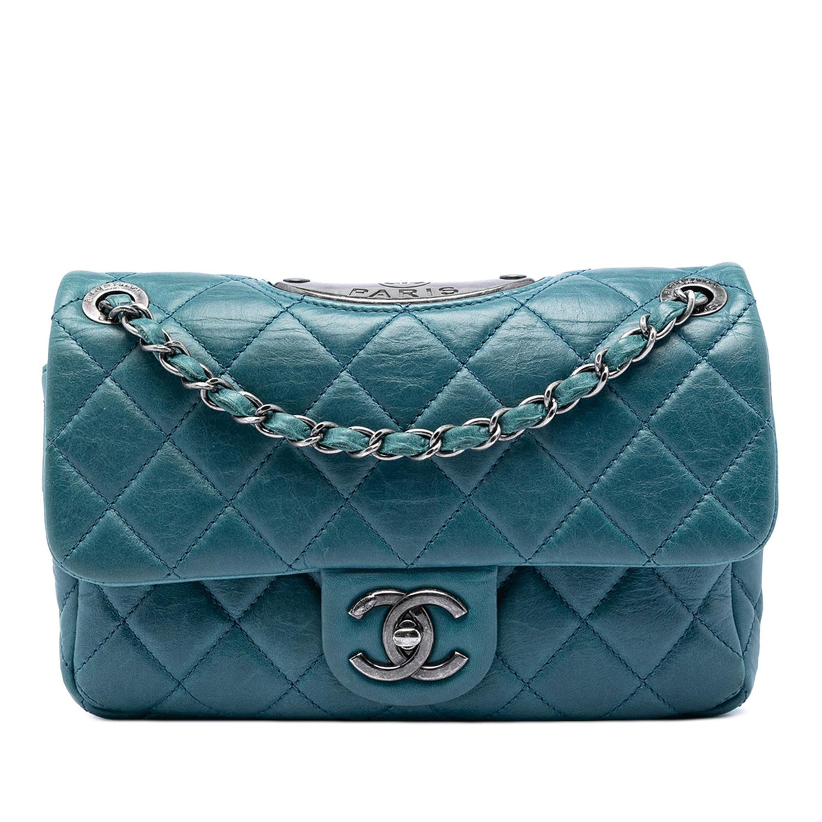 Chanel Quilted Calfskin Plaque Double Flap Shoulder Bag - Blue