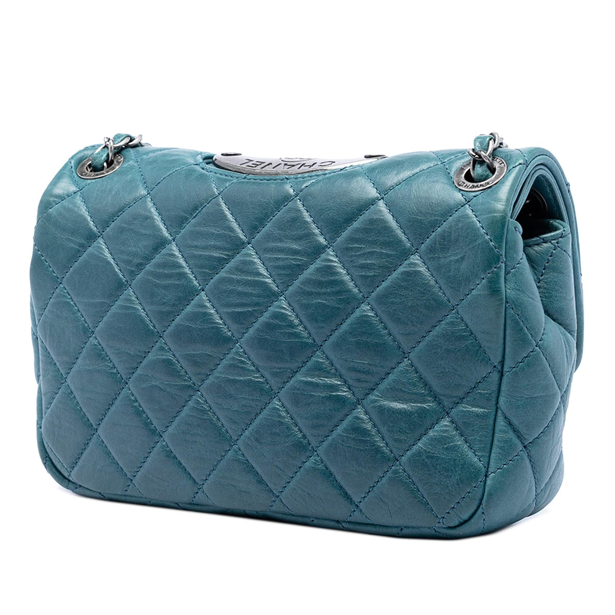 Chanel Quilted Calfskin Plaque Double Flap Shoulder Bag - Blue