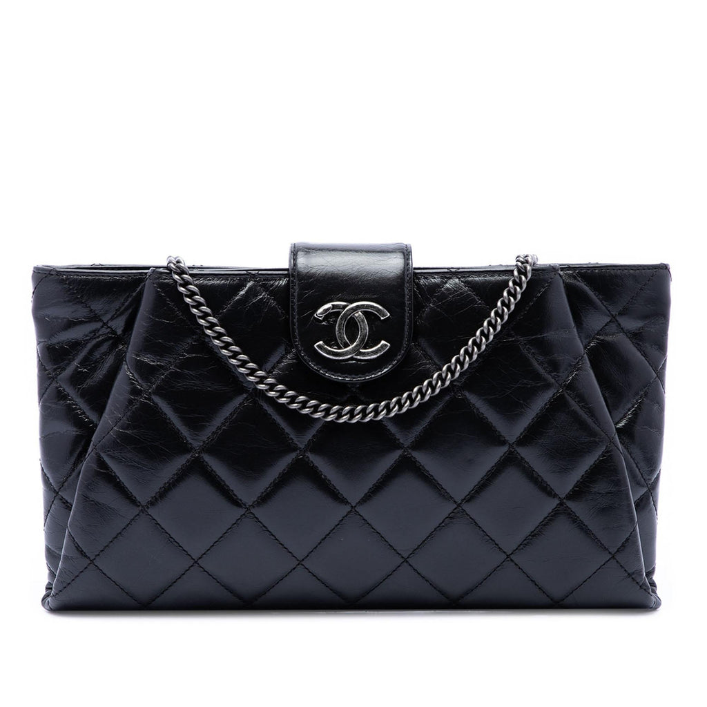 Chanel Quilted Glazed Calfskin Coco Pleats Chain Clutch - Black