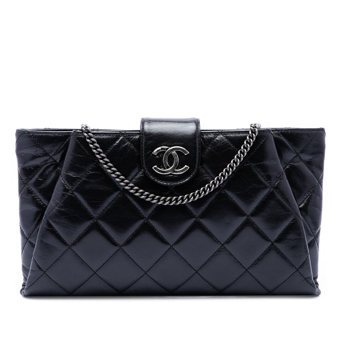 Chanel Quilted Glazed Calfskin Coco Pleats Chain Clutch - Black