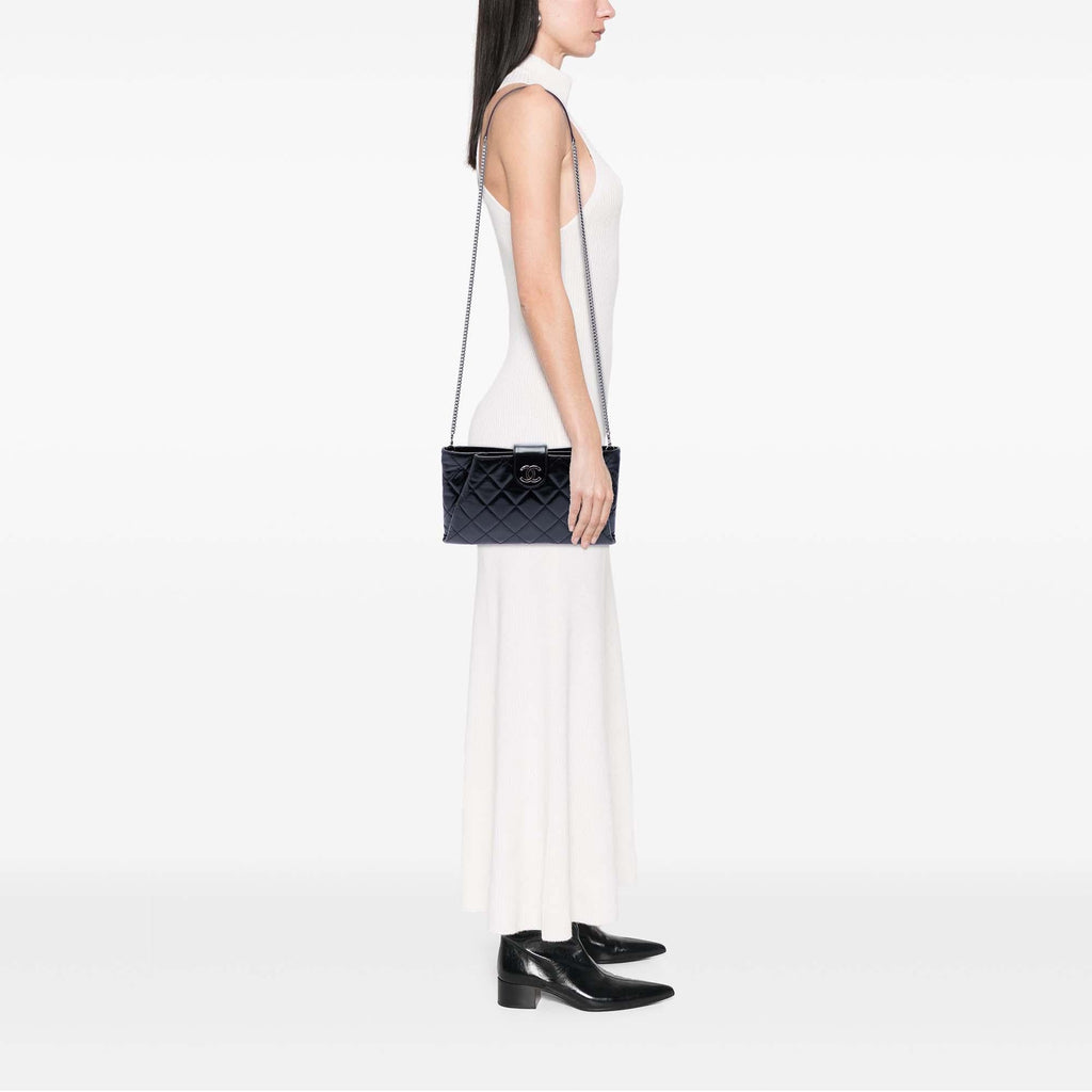 Chanel Quilted Glazed Calfskin Coco Pleats Chain Clutch - Black