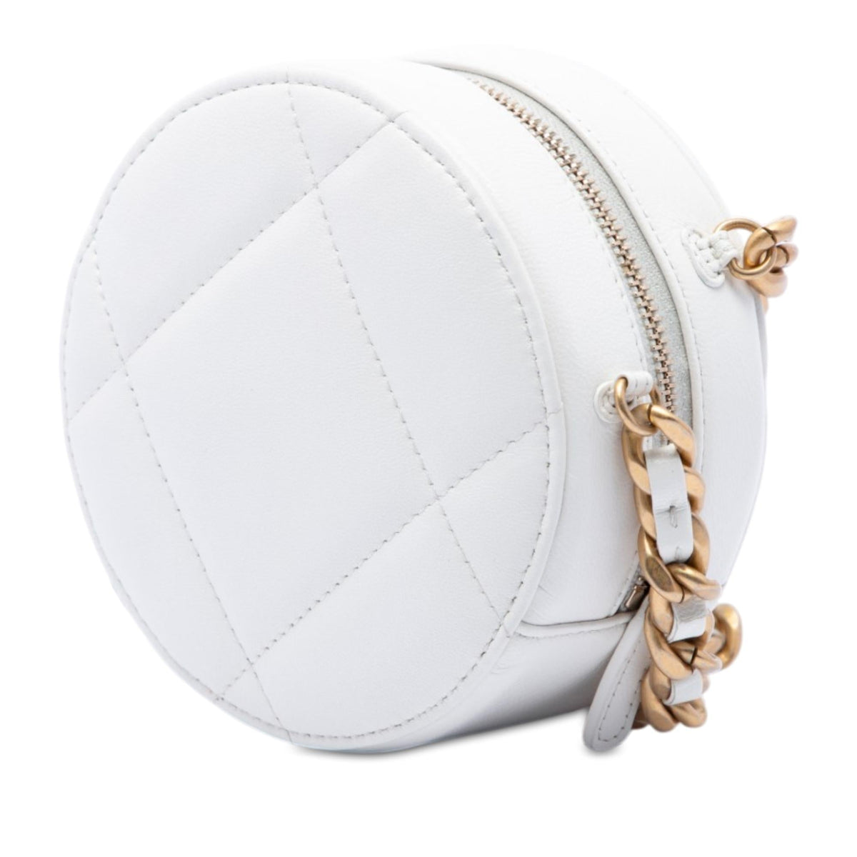 Chanel Quilted Goatskin 19 Round Clutch With Chain - White
