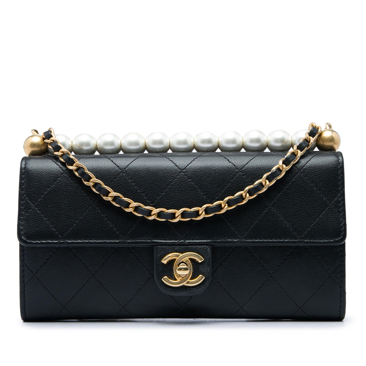 Chanel Quilted Goatskin Chic Pearls Clutch with Chain - Black