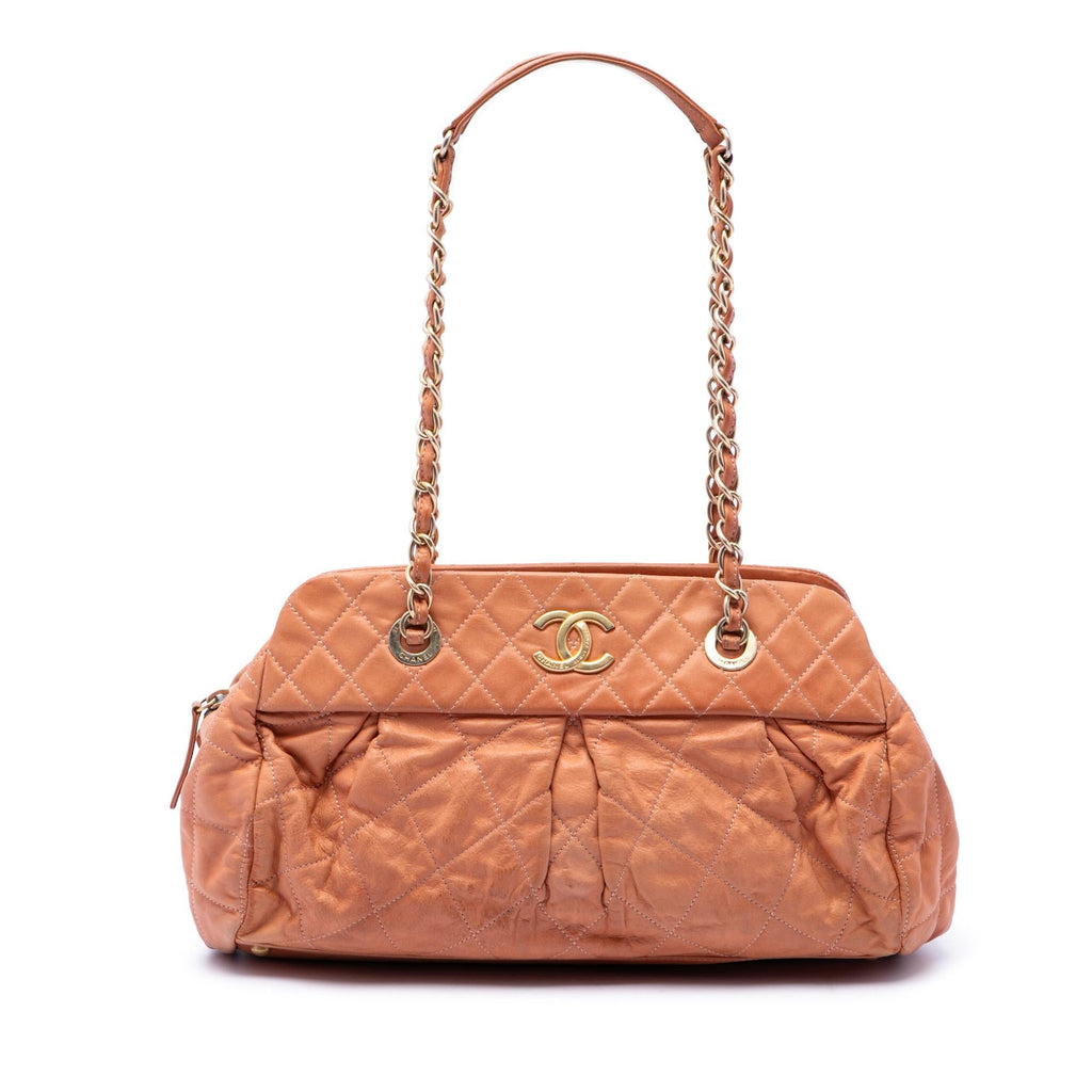 Chanel Quilted Iridescent Calfskin Chic Quilt Bowling Bag - Orange