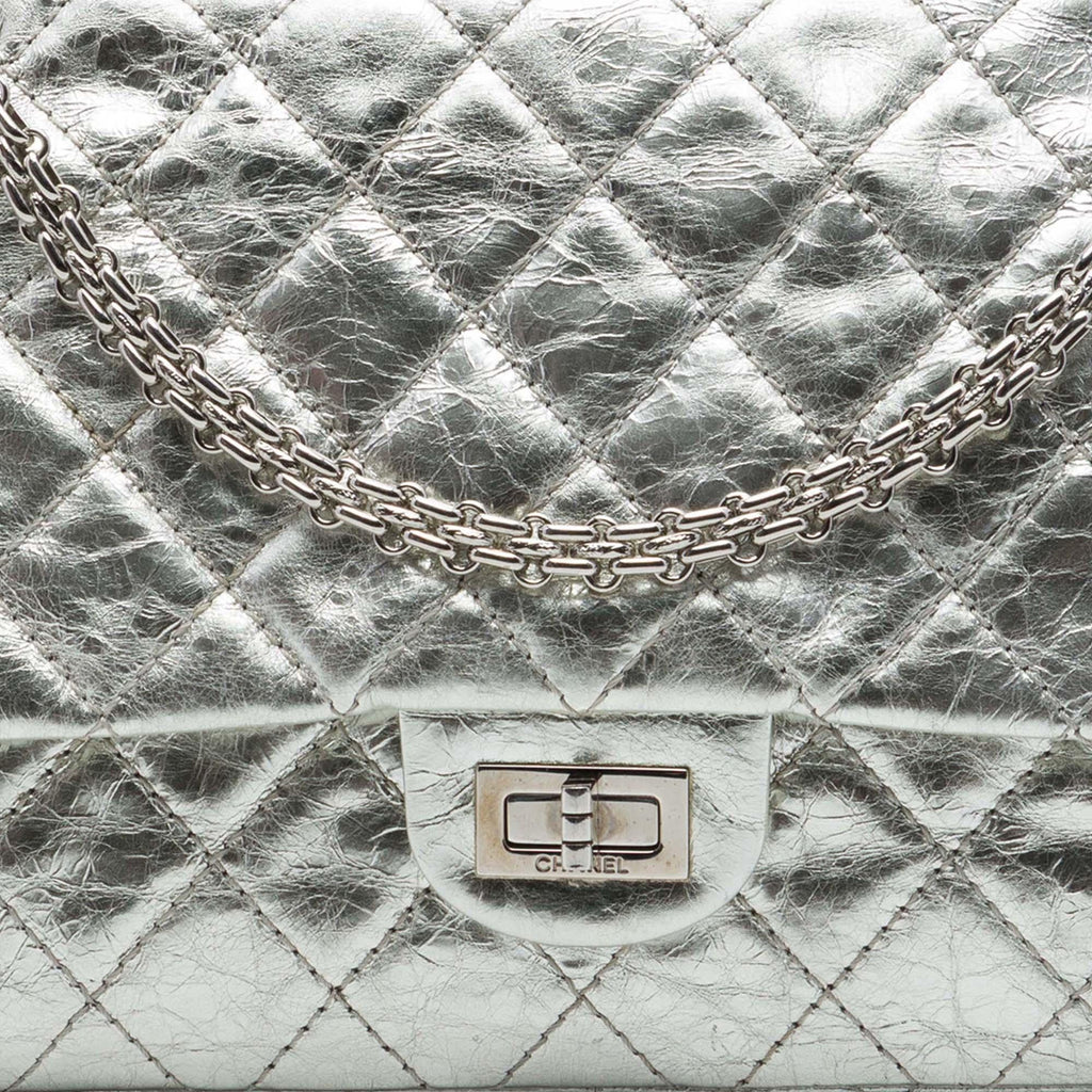 Chanel Quilted Metallic Aged Calfskin Reissue 2.55 Double Flap 226 Shoulder Bag - Silver
