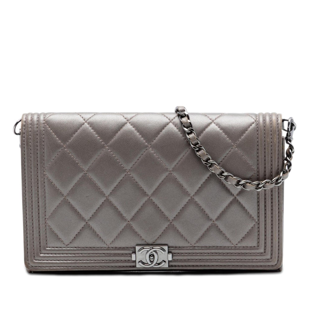 Chanel Quilted Metallic Lambskin Boy Clutch On Chain - Brown