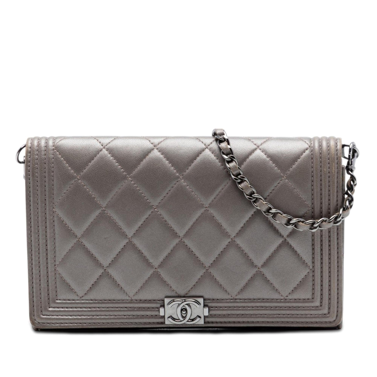 Chanel Quilted Metallic Lambskin Boy Clutch On Chain - Brown