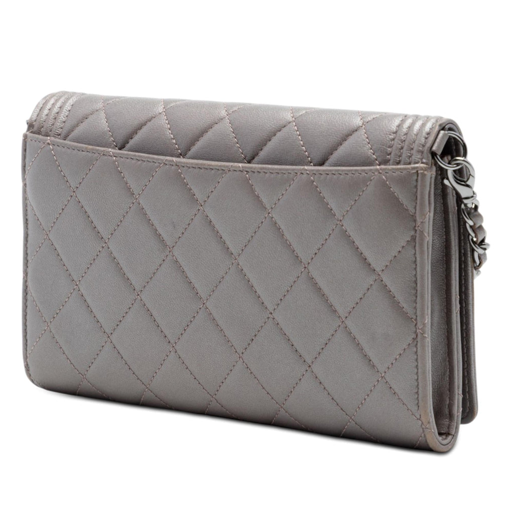 Chanel Quilted Metallic Lambskin Boy Clutch On Chain - Brown