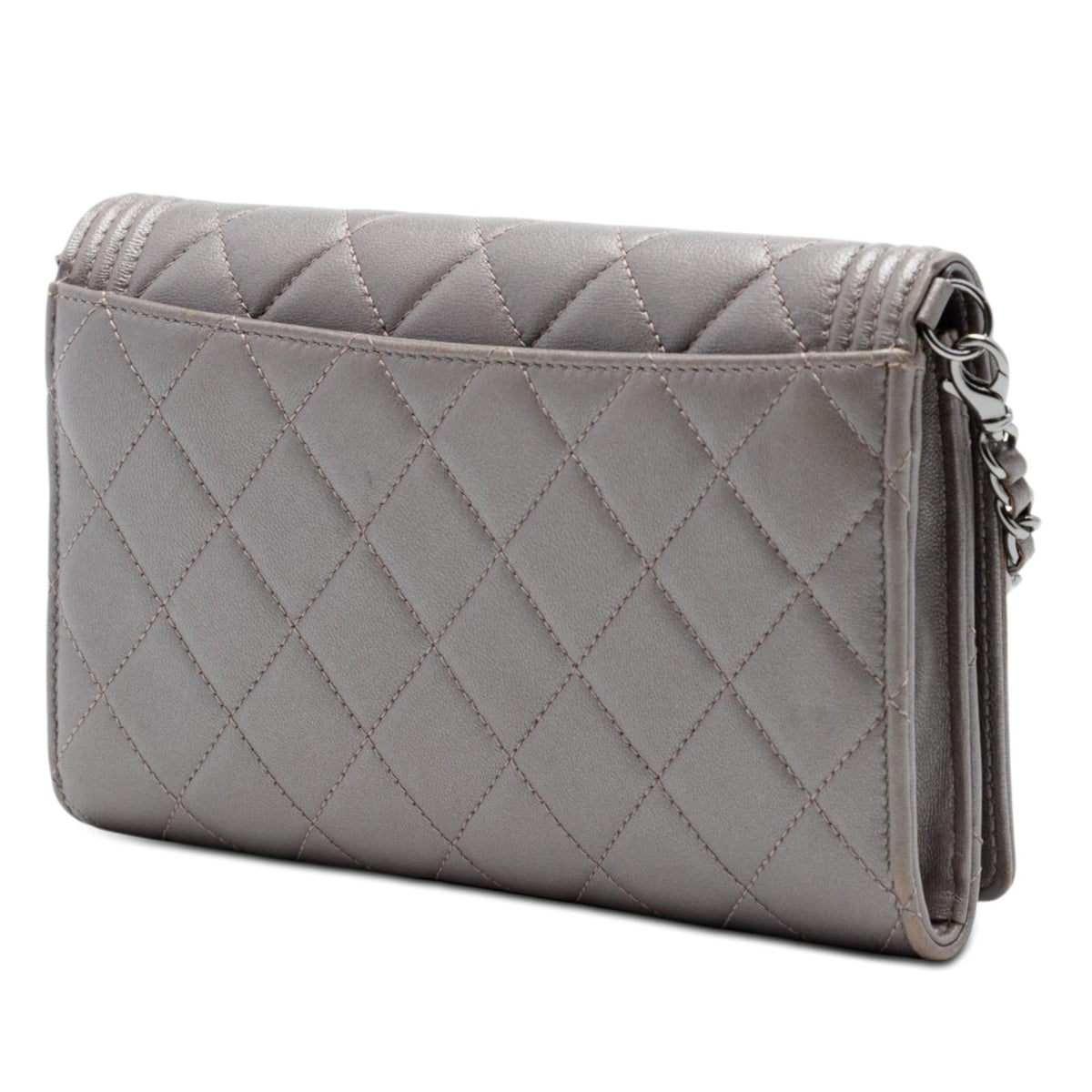 Chanel Quilted Metallic Lambskin Boy Clutch On Chain - Brown