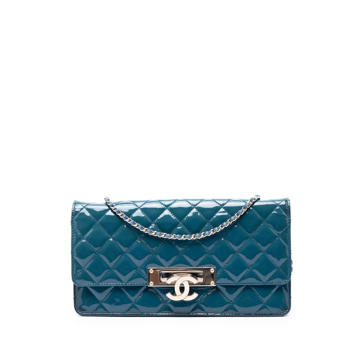Chanel Quilted Patent Golden Class East West Wallet on Chain - Blue