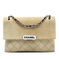 Chanel Quilted Suede Retro Label Flap Shoulder Bag - Beige
