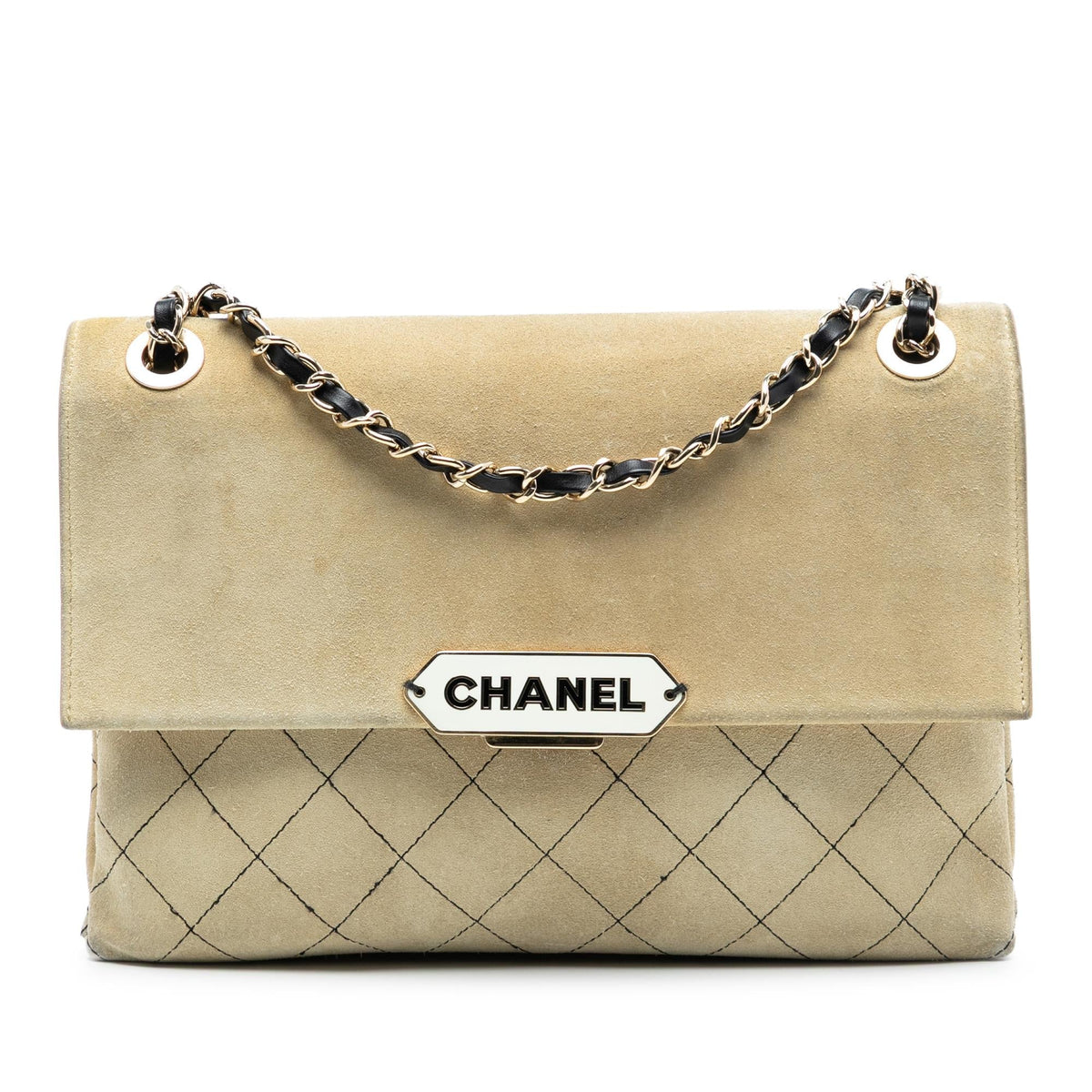 Chanel Quilted Suede Retro Label Flap Shoulder Bag - Beige