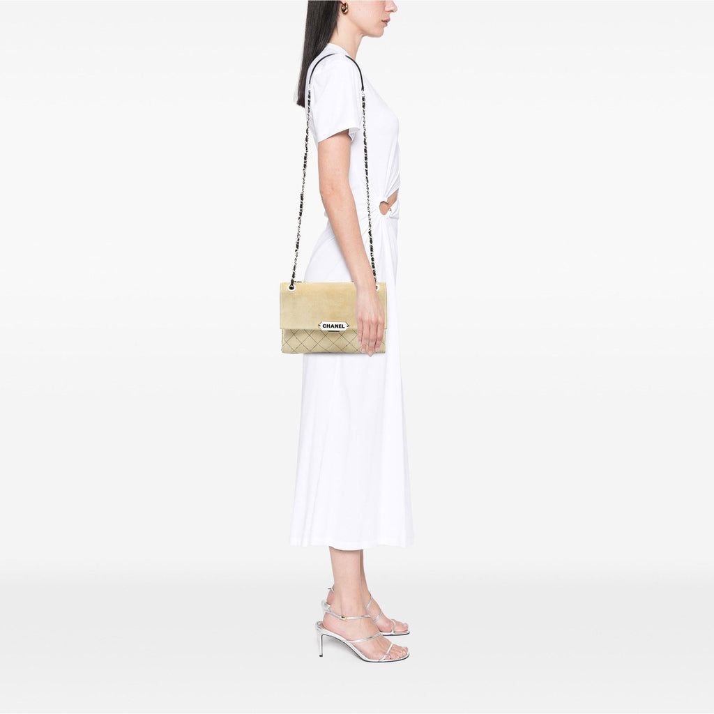 Chanel Quilted Suede Retro Label Flap Shoulder Bag - Beige