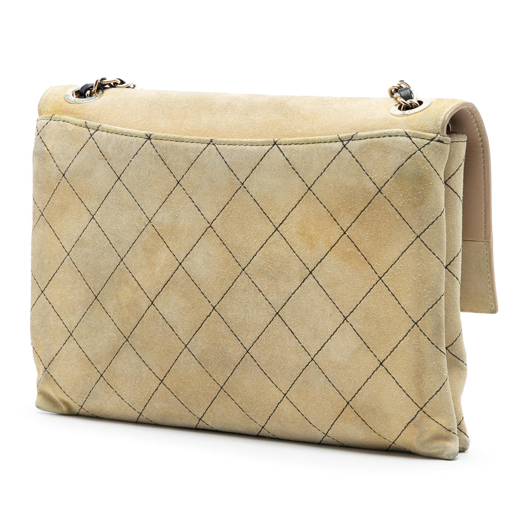Chanel Quilted Suede Retro Label Flap Shoulder Bag - Beige