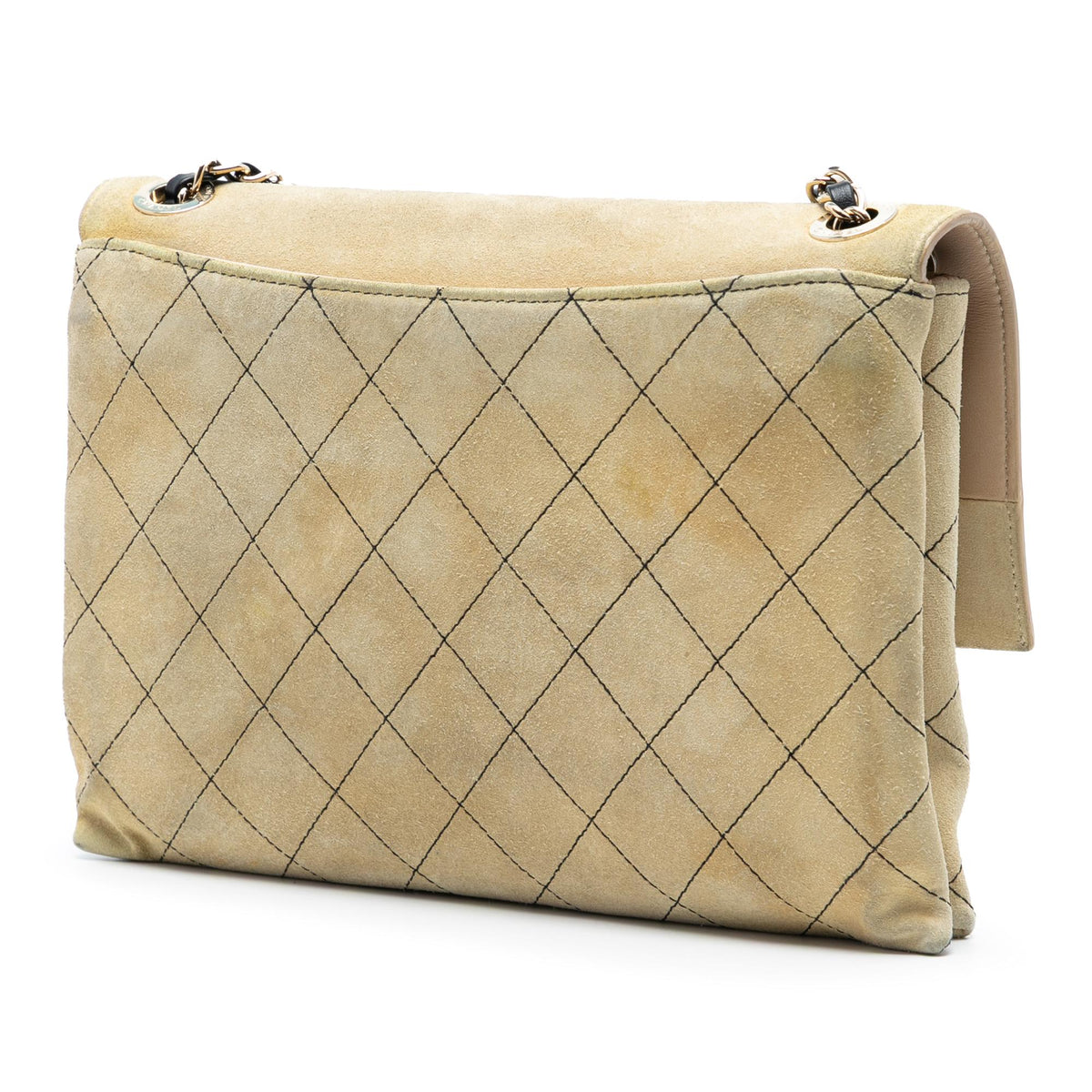 Chanel Quilted Suede Retro Label Flap Shoulder Bag - Beige