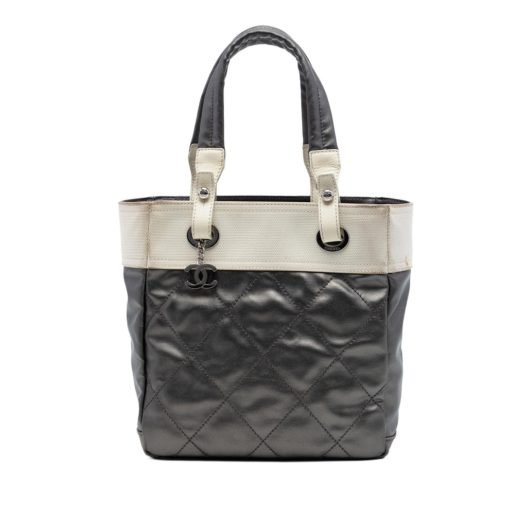 Chanel Small Bicolor Quilted Coated Canvas Paris Biarritz Tote Bag - Grey