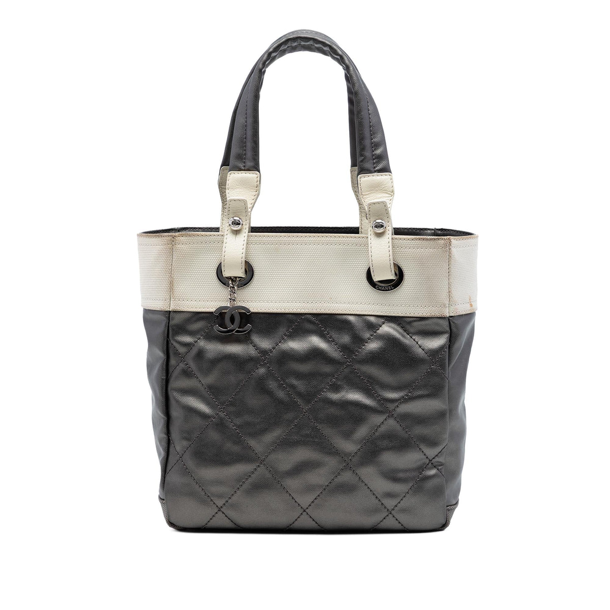 Chanel Small Bicolor Quilted Coated Canvas Paris Biarritz Tote Bag - Grey