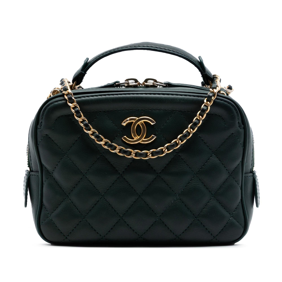 Chanel Small CC Quilted Calfskin Top Handle Vanity Case with Chain Satchel - Green