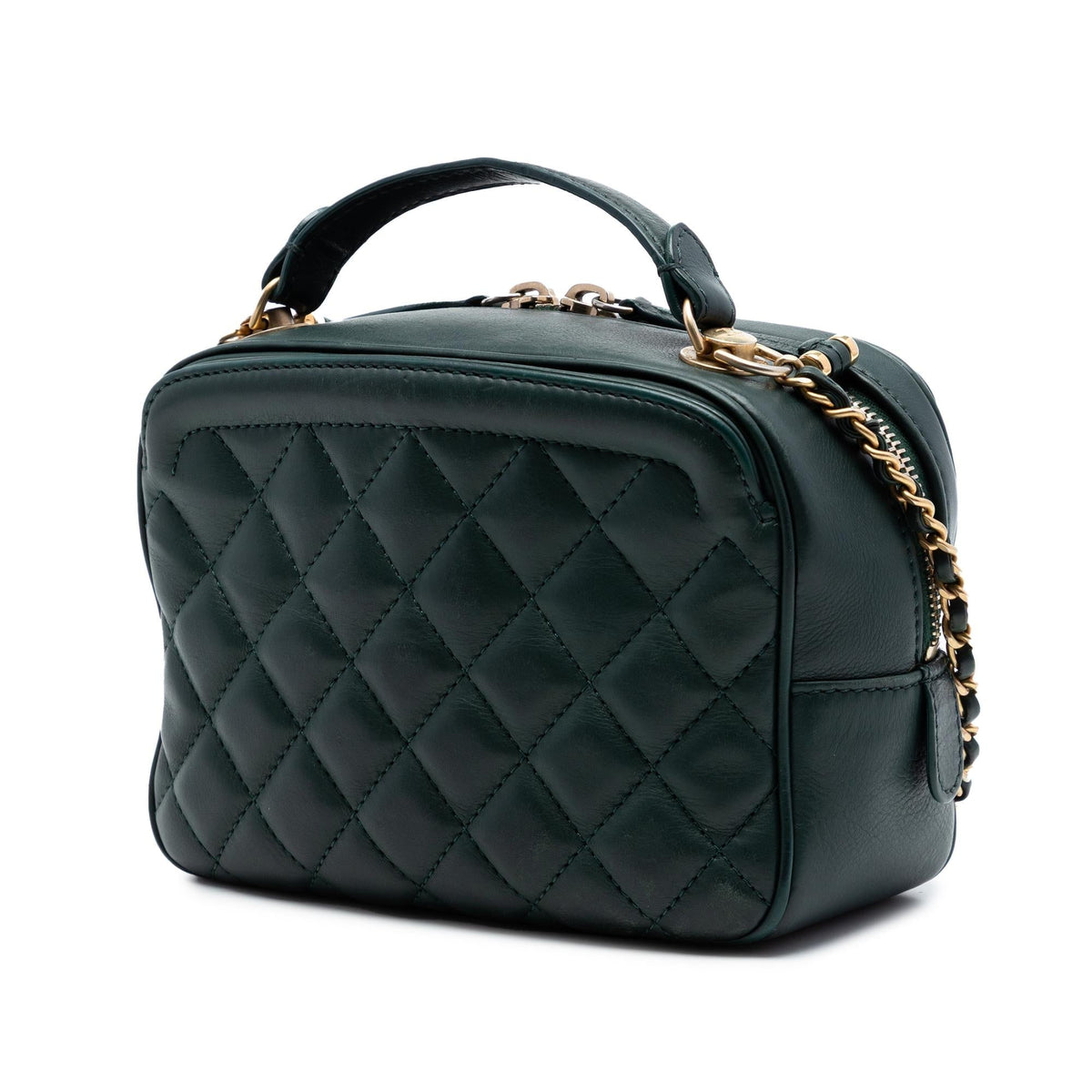 Chanel Small CC Quilted Calfskin Top Handle Vanity Case with Chain Satchel - Green