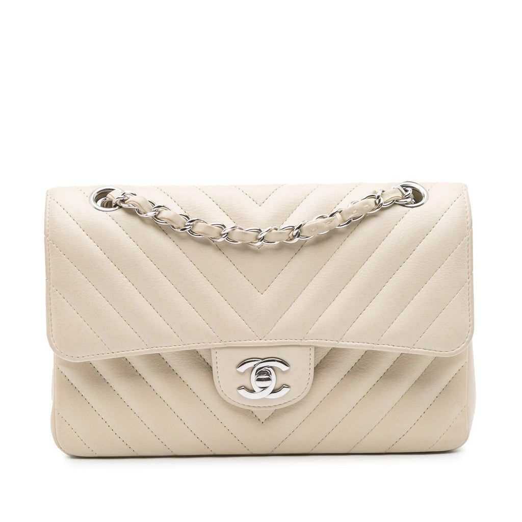 Chanel Small Classic Chevron Lambskin Double Flap Shoulder Bag - White