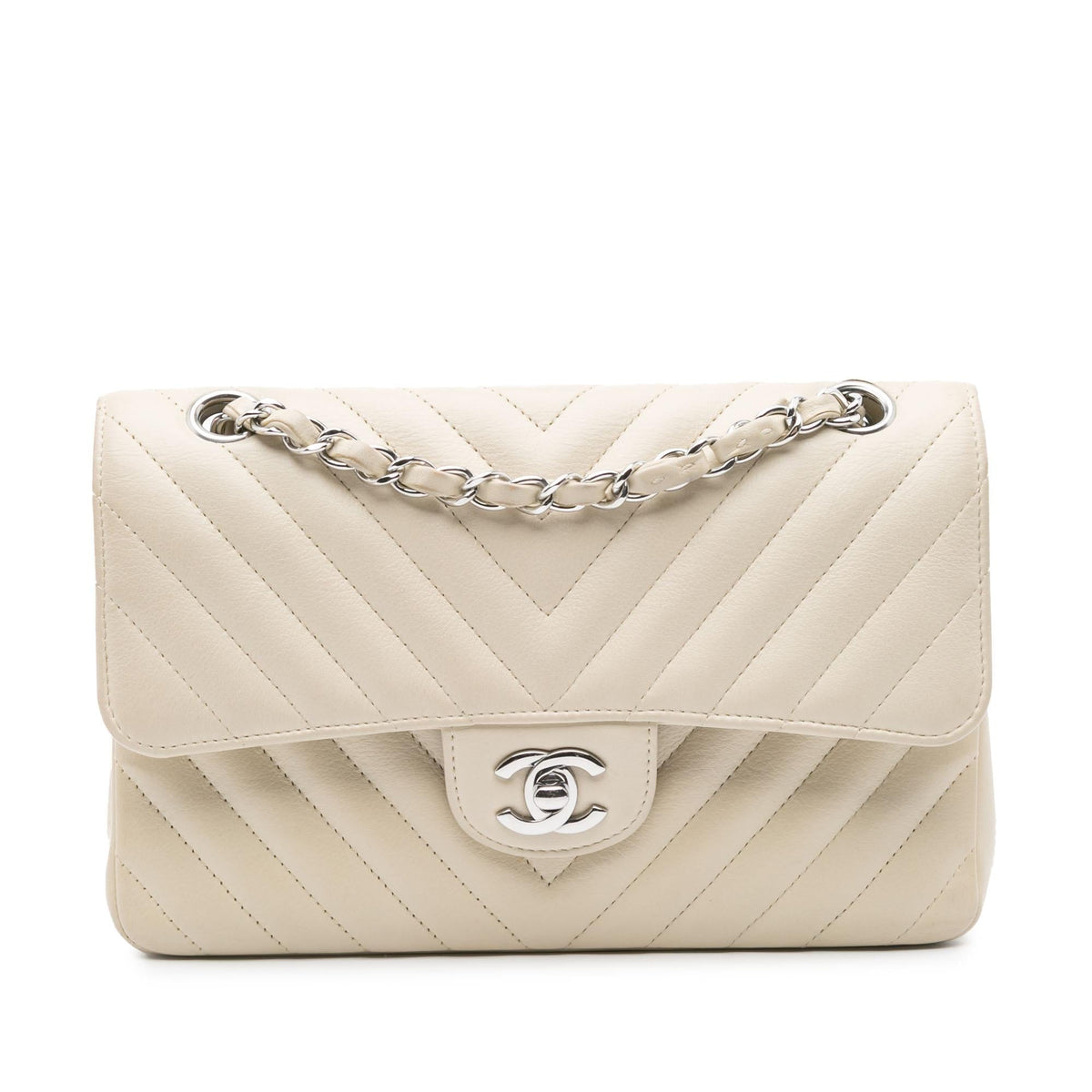 Chanel Small Classic Chevron Lambskin Double Flap Shoulder Bag - White