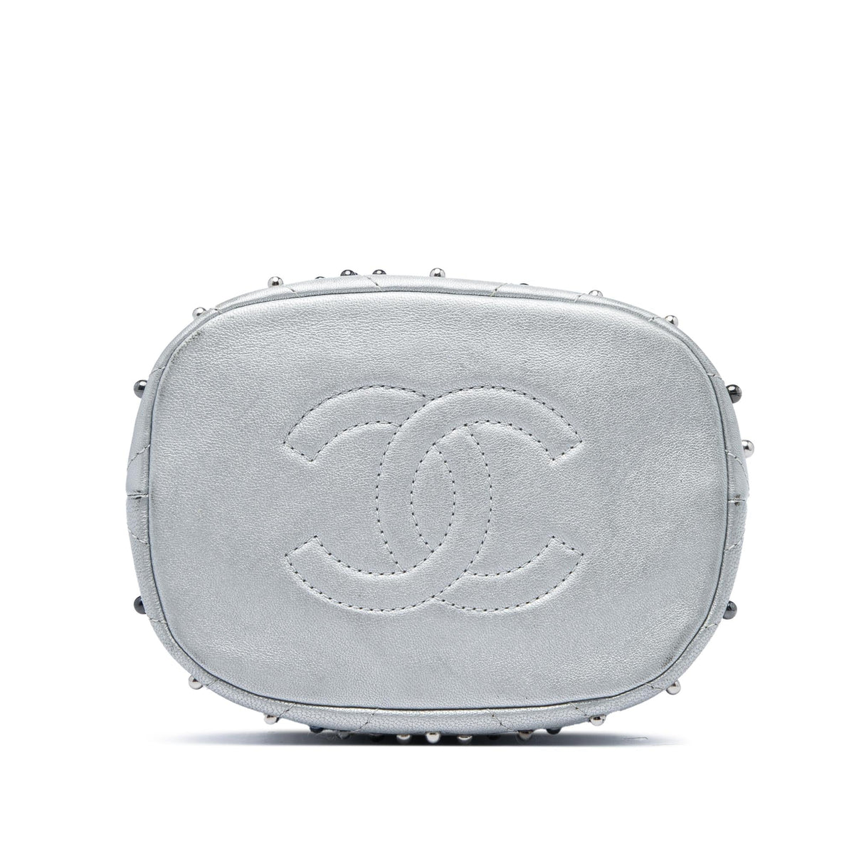 Chanel Small Metallic Chevron Lambskin Stud Wars Drawstring Bucket Bag - Silver