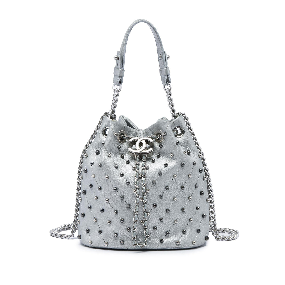 Chanel Small Metallic Chevron Lambskin Stud Wars Drawstring Bucket Bag - Silver