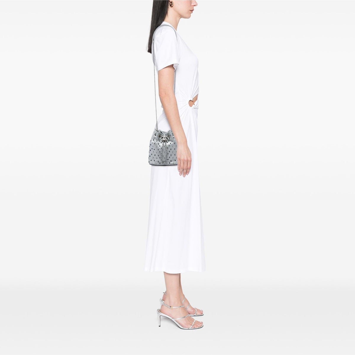 Chanel Small Metallic Chevron Lambskin Stud Wars Drawstring Bucket Bag - Silver