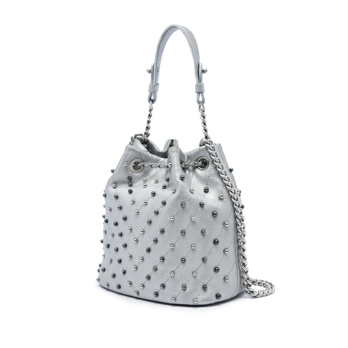Chanel Small Metallic Chevron Lambskin Stud Wars Drawstring Bucket Bag - Silver
