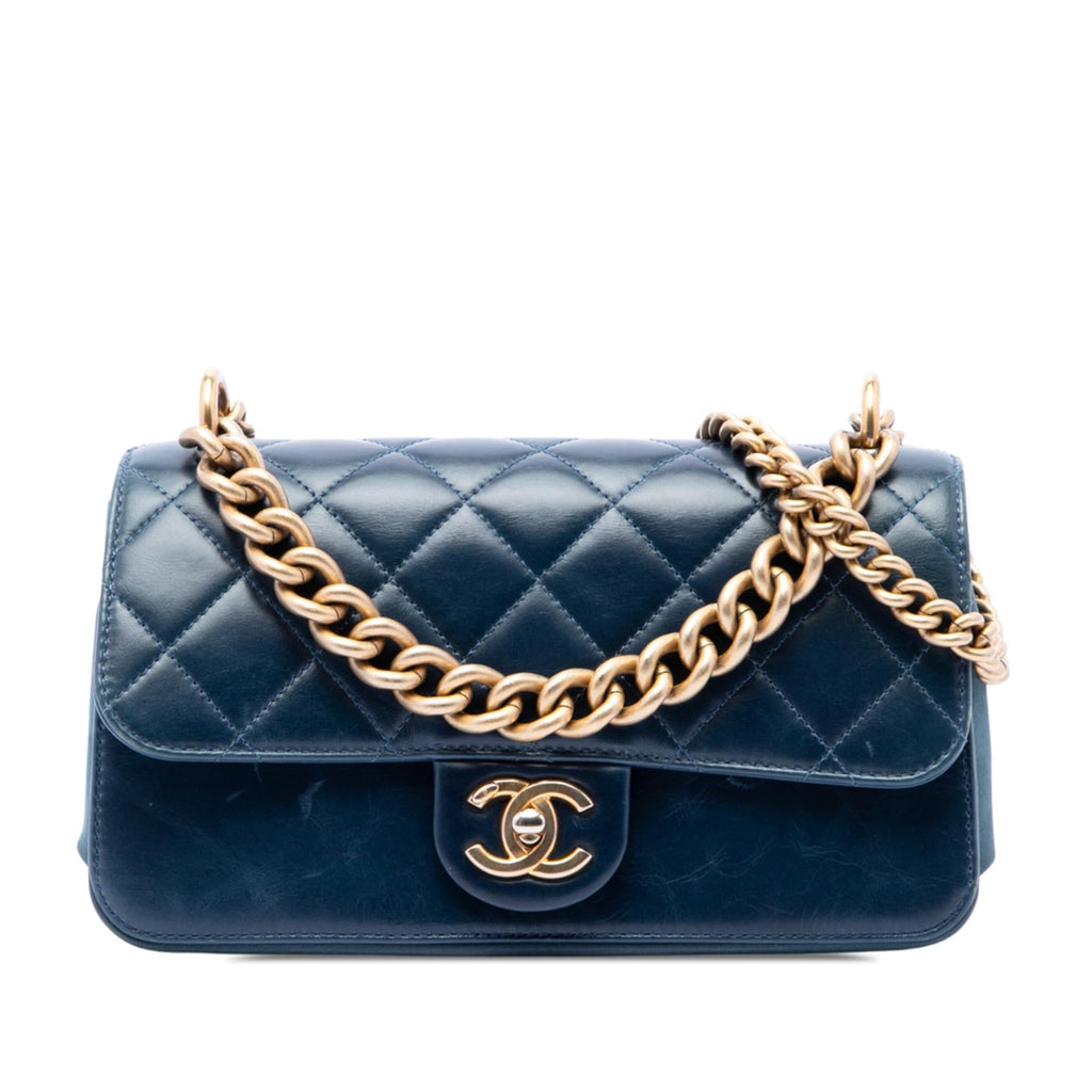 Chanel Small Quilted Calfskin Straight Lined Flap Satchel - Blue