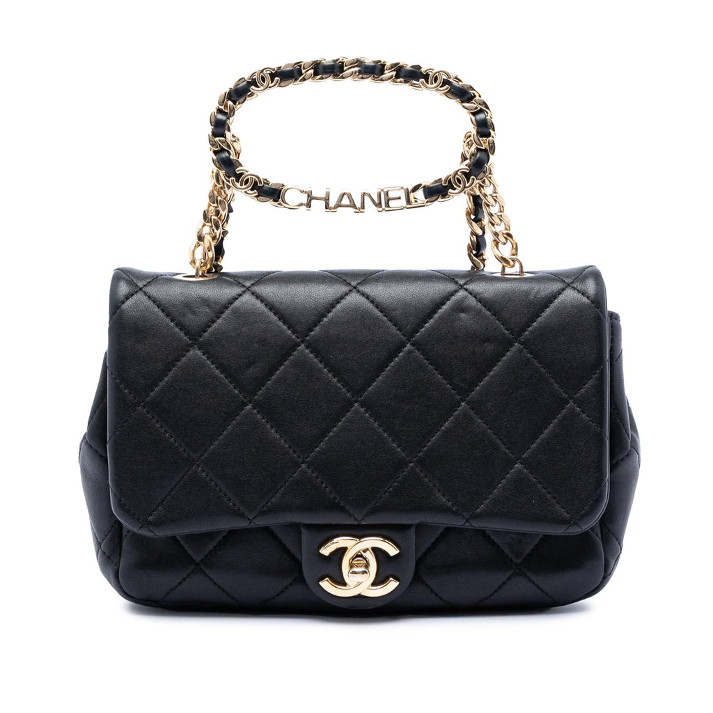 Chanel Small Quilted Lambskin Round Top Handle Flap Satchel - Black