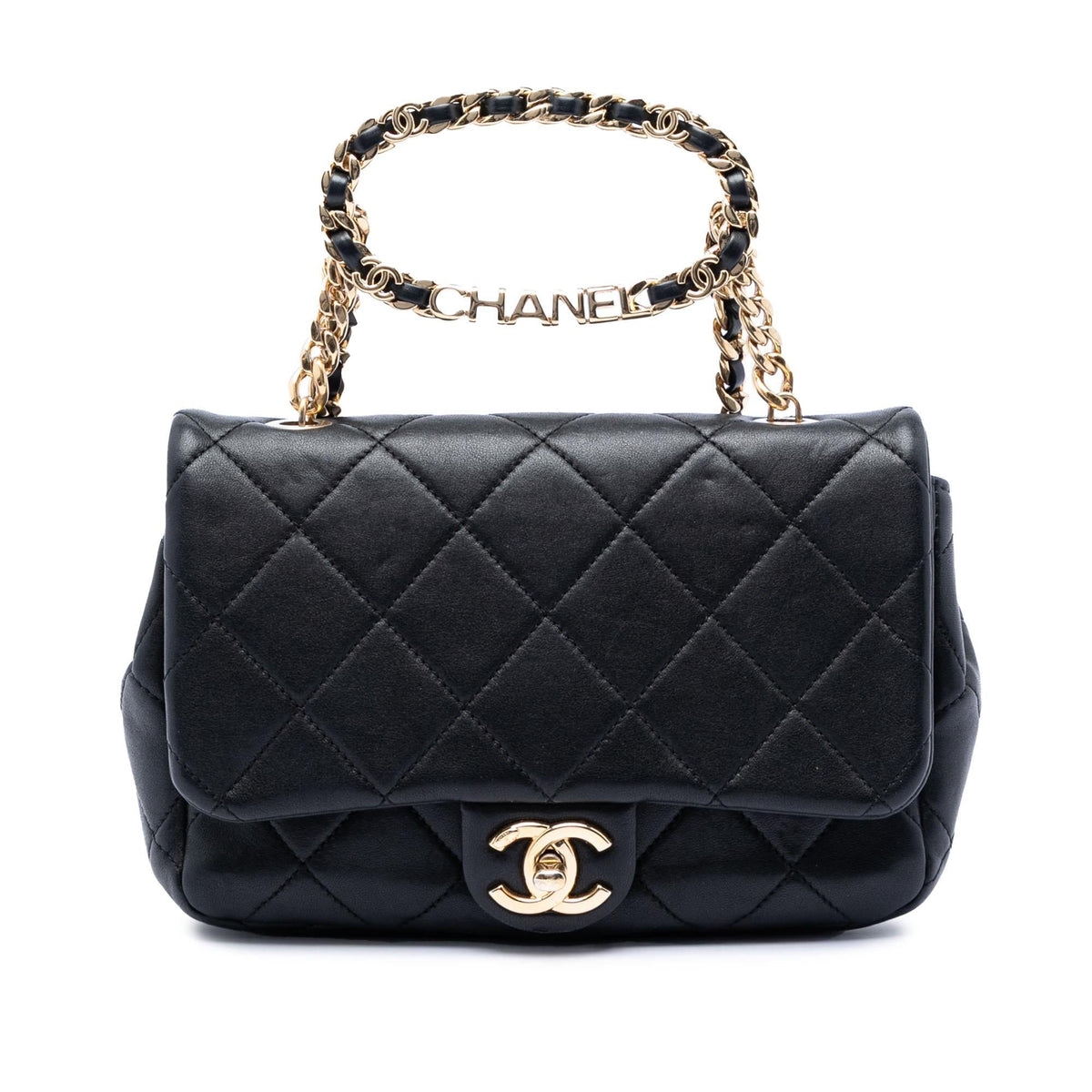 Chanel Small Quilted Lambskin Round Top Handle Flap Satchel - Black