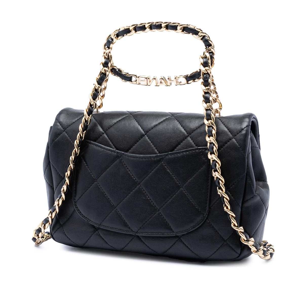 Chanel Small Quilted Lambskin Round Top Handle Flap Satchel - Black