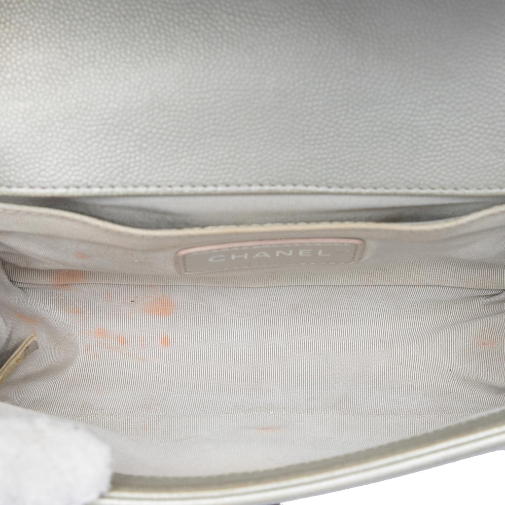 Chanel Small Quilted Metallic Caviar Boy Flap Crossbody Bag - Silver