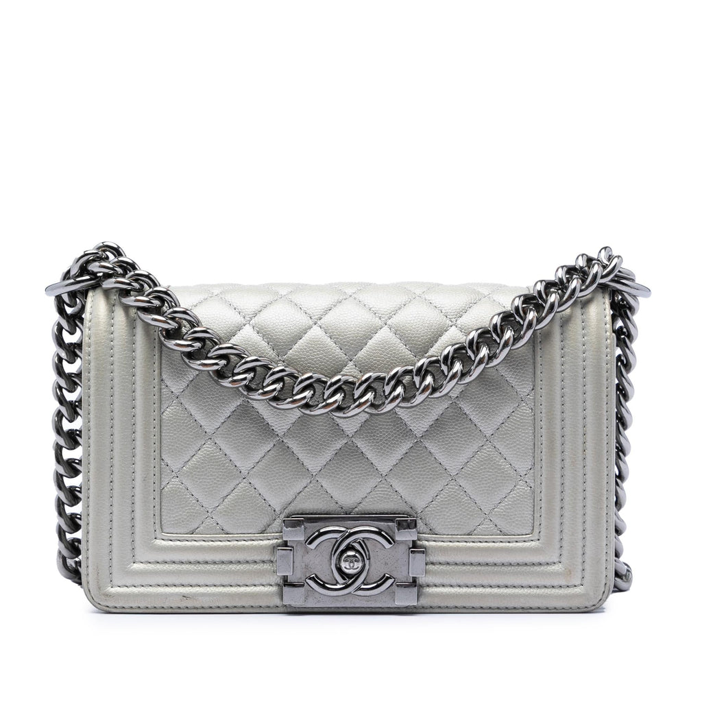 Chanel Small Quilted Metallic Caviar Boy Flap Crossbody Bag - Silver