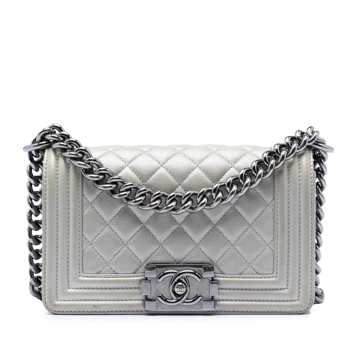 Chanel Small Quilted Metallic Caviar Boy Flap Crossbody Bag - Silver