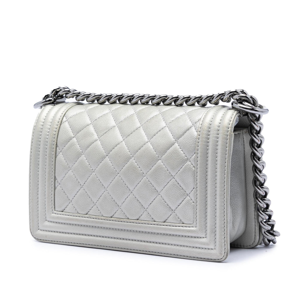 Chanel Small Quilted Metallic Caviar Boy Flap Crossbody Bag - Silver