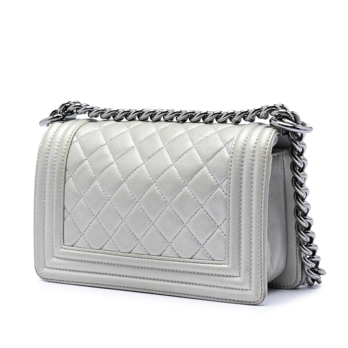 Chanel Small Quilted Metallic Caviar Boy Flap Crossbody Bag - Silver
