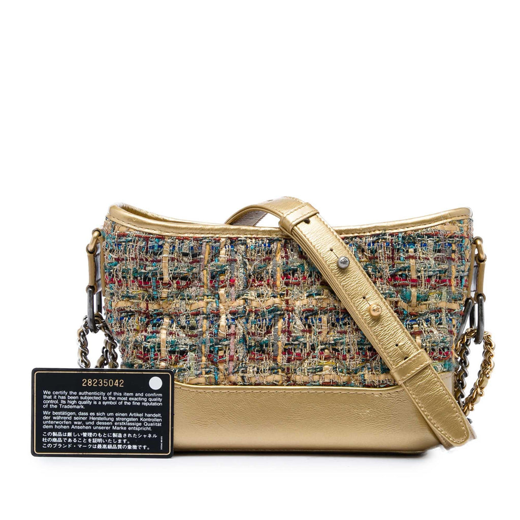 Chanel Small Tweed and Metallic Calfskin Gabrielle Crossbody Bag - Gold
