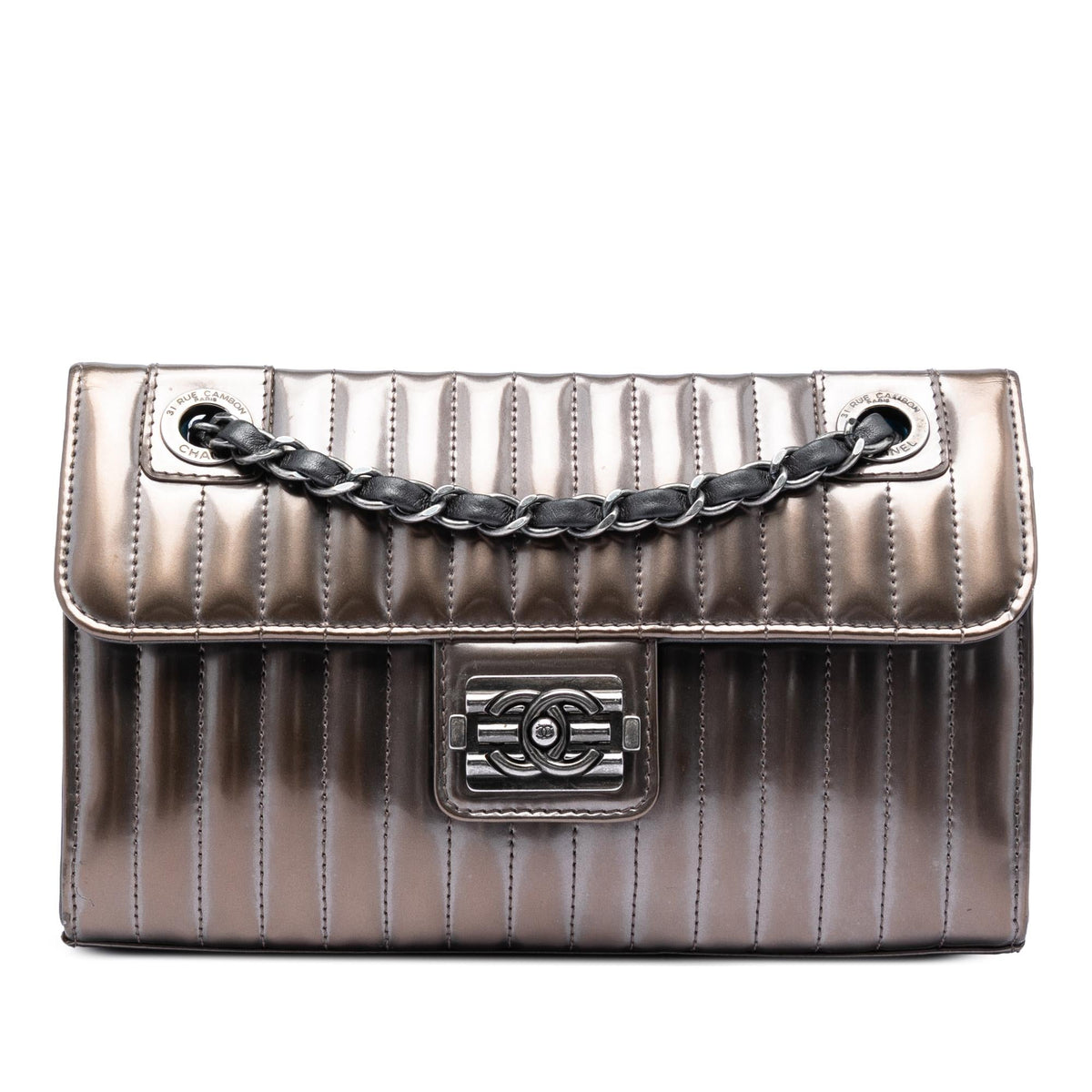 Chanel Small Vertical Quilted Patent Maharaja Express Flap Shoulder Bag - Grey