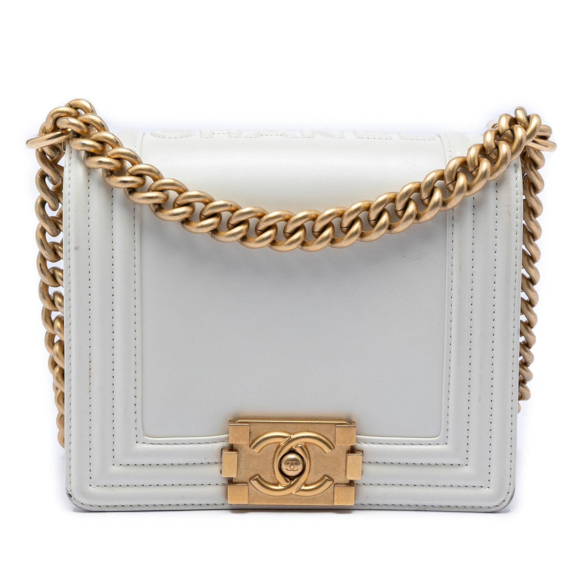 Chanel Square Calfskin Boy Reverso Flap Crossbody Bag - White