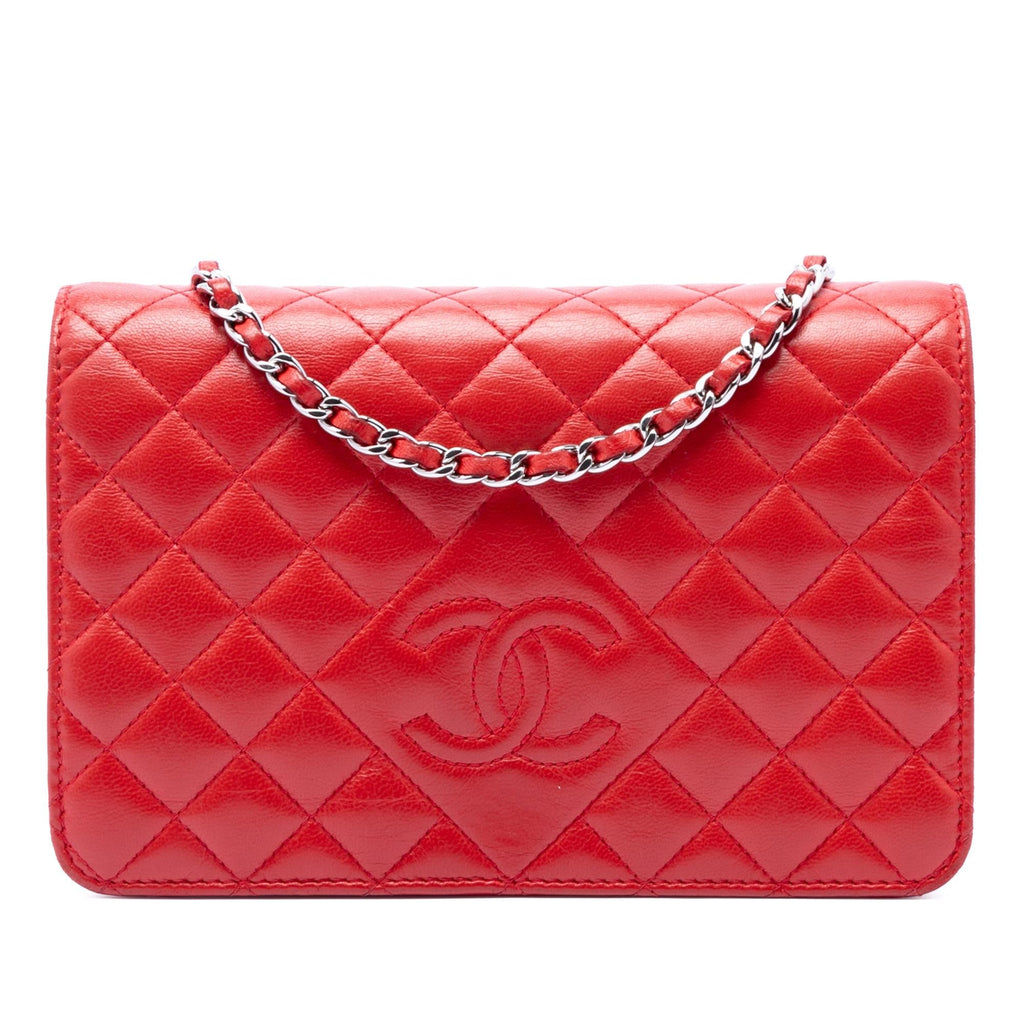 Chanel Stitched CC Quilted Lambskin Wallet on Chain - Red