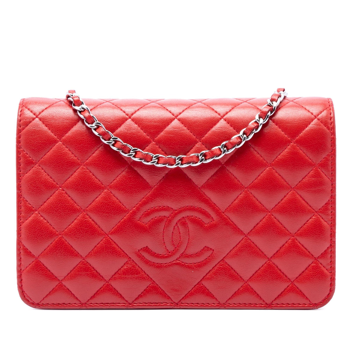Chanel Stitched CC Quilted Lambskin Wallet on Chain - Red