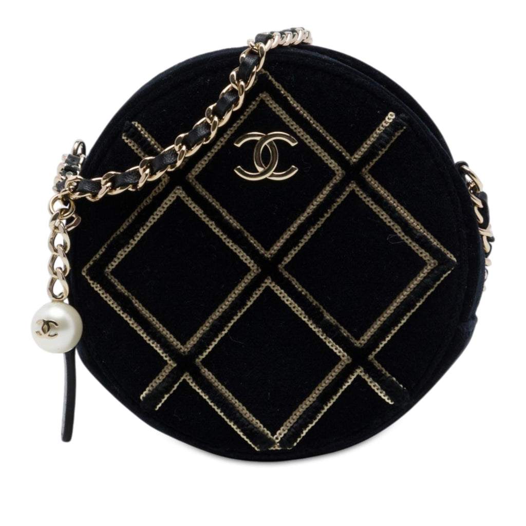 Chanel Velvet Pearl Sequin Round Crossbody Bag - Black