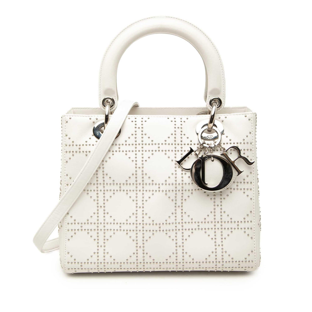 Dior Medium Calfskin Studded Lady Dior Satchel - White