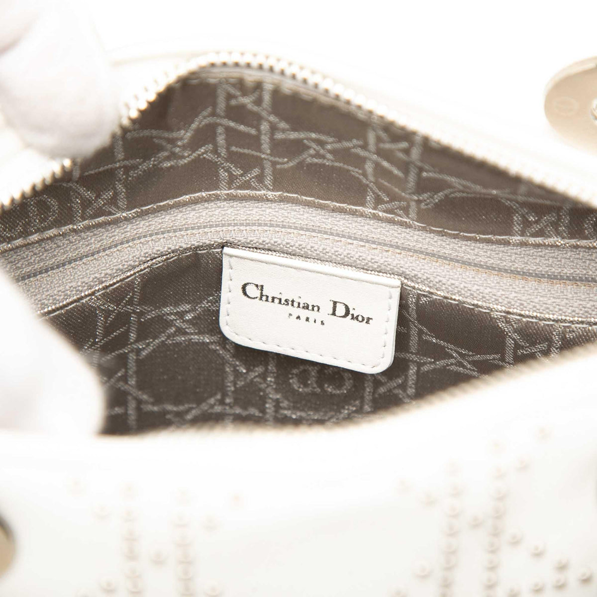 Dior Medium Calfskin Studded Lady Dior Satchel - White