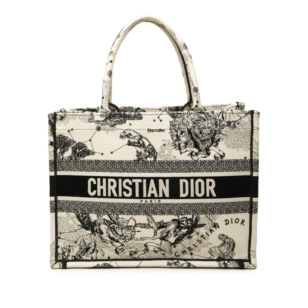 Dior Medium Canvas Embroidered Zodiac Toile De Jouy Book Tote Bag - White