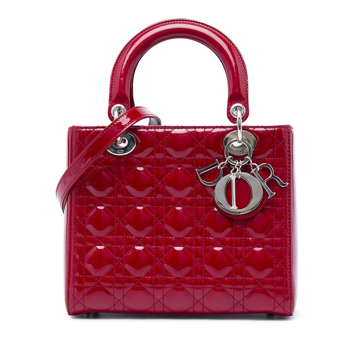 Dior Medium Patent Cannage Lady Dior Satchel - Red