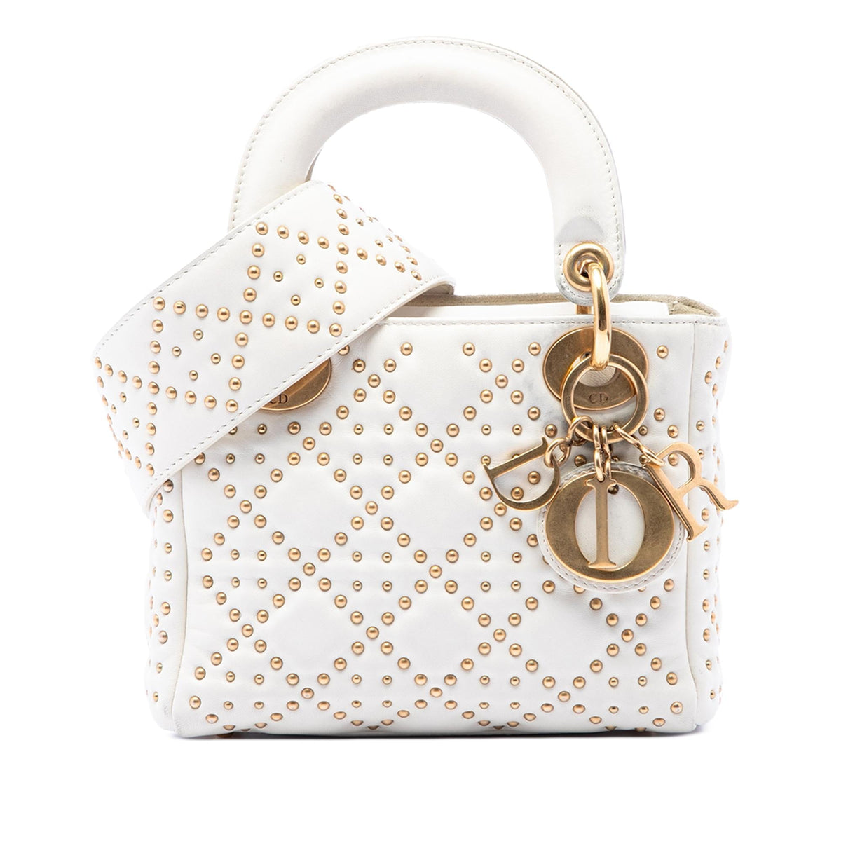 Dior Mini Lambskin Cannage Studded Supple Lady Dior Satchel - White
