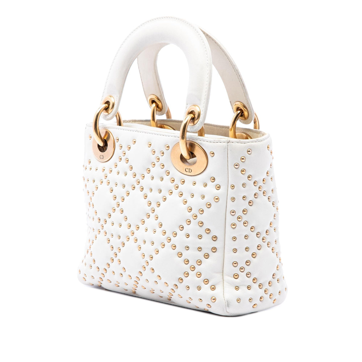 Dior Mini Lambskin Cannage Studded Supple Lady Dior Satchel - White